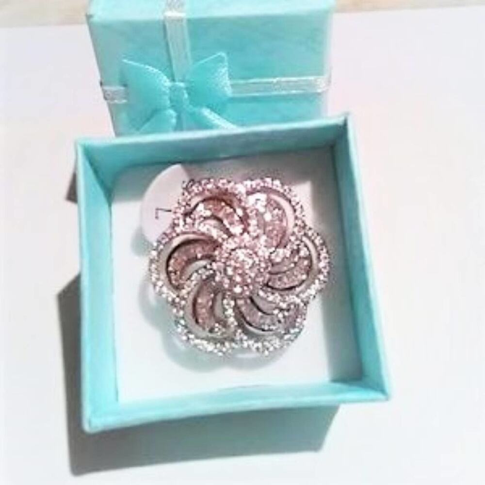 SIZE 7‎ LARGE FLOWER CAMELIA Ring 925 Silver Stamped Simulated Diamonds Cocktail